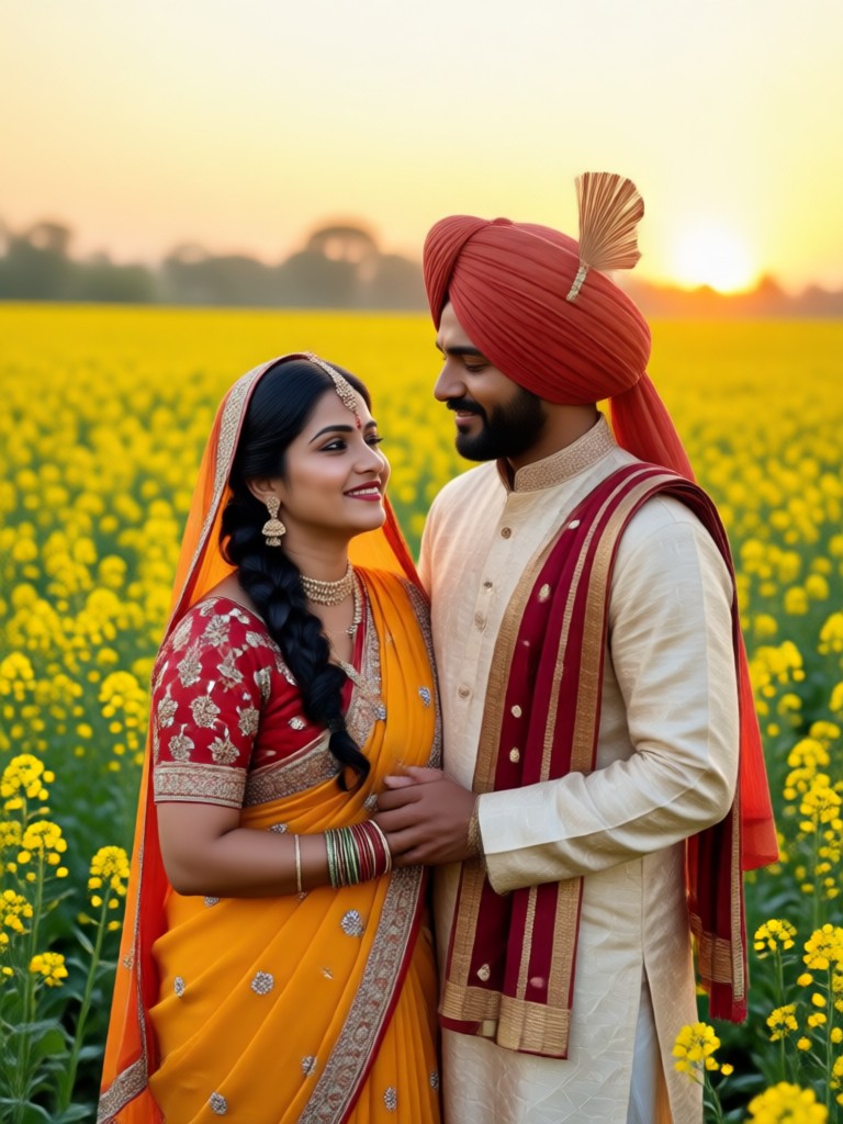 Anime style Indian couple in golden field