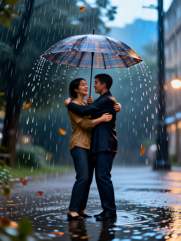 friends hugging in slow motion with light drizzle