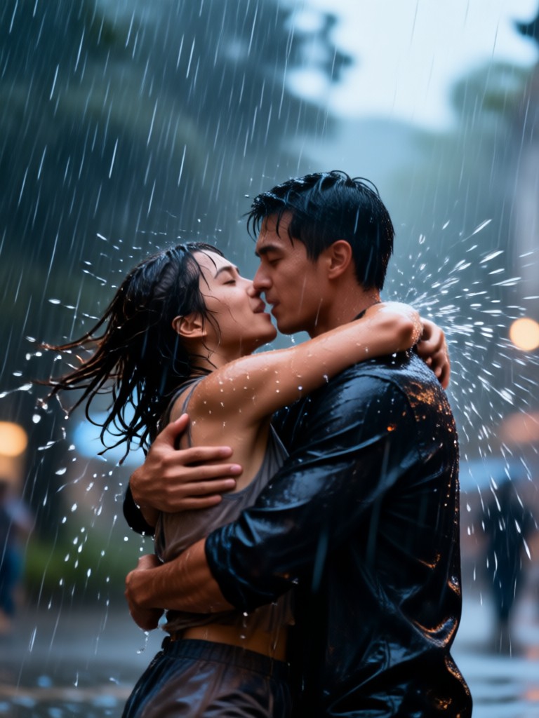 Pelukan hujan slow motion dramatis hitam putih