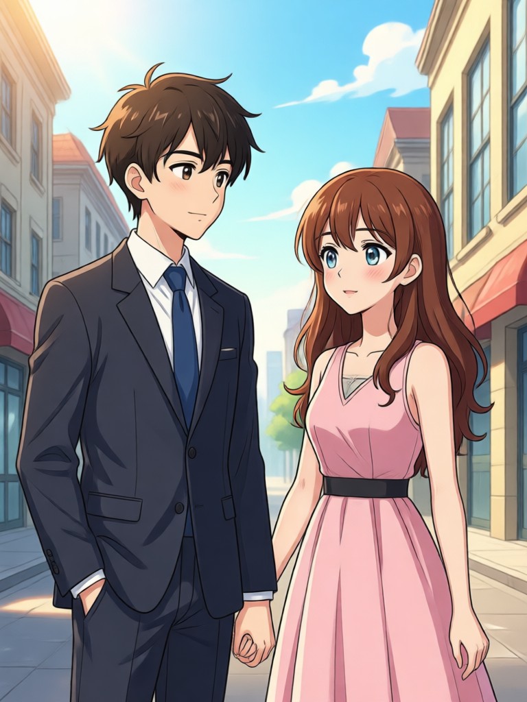 Shoujo style anime couple holding hands