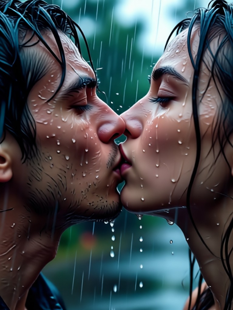 Golden hour goodbye kiss with rain and sunset glow