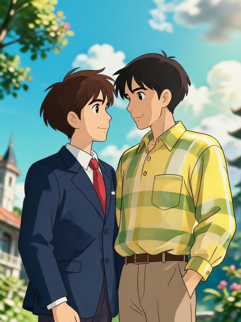 Whimsical Ghibli anime couple sitting by a river