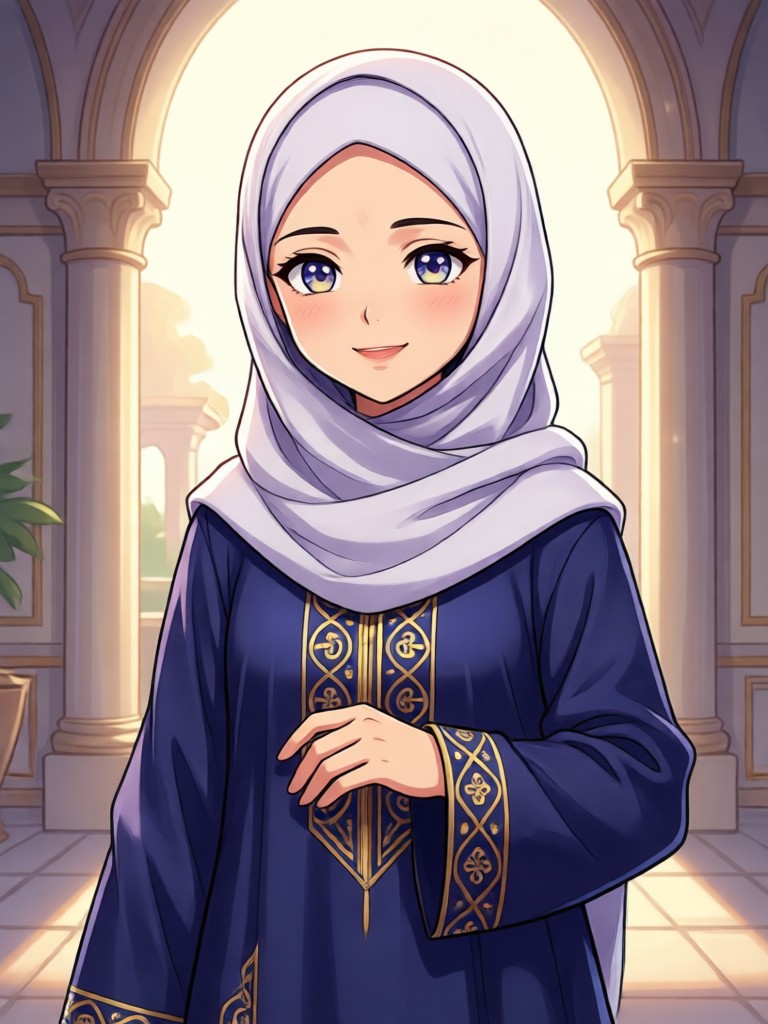 Professional Muslim anime character in business attire