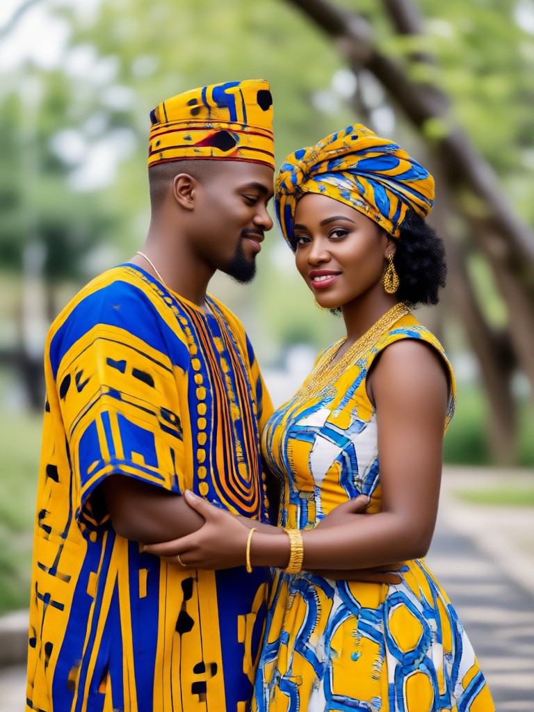 Couple in modern dashikis with an African sunset backdrop