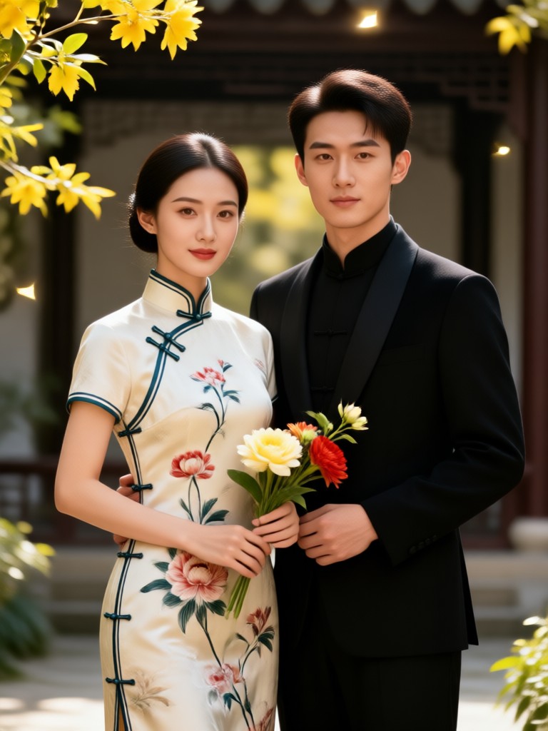 Traditional changshan and qipao couple