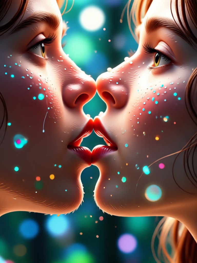 Escena de beso con IA flotando en las nubes