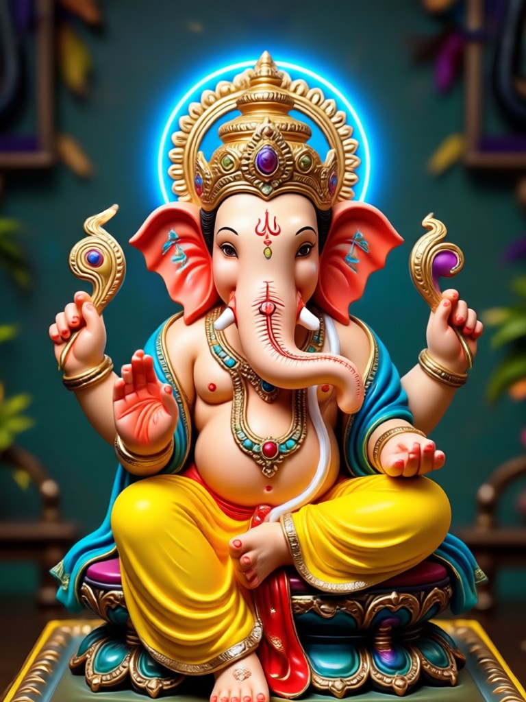 Ganesha en entorno de templo con luces animadas