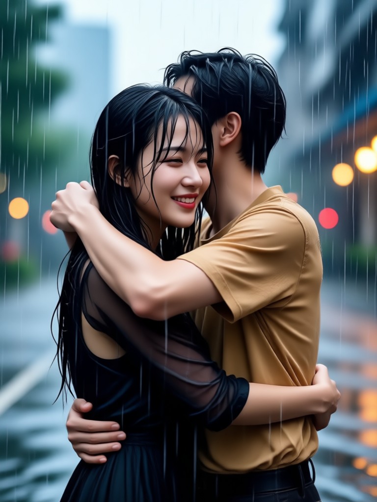 Anime style monsoon couple hug video generation