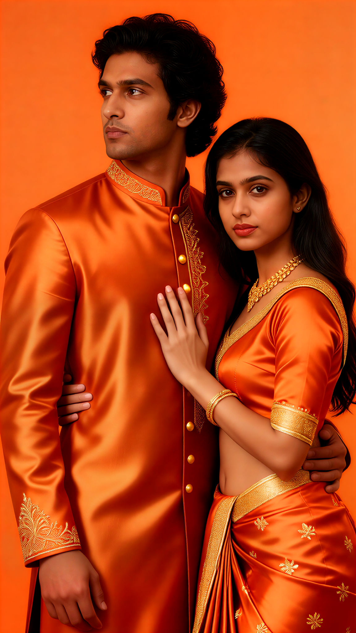Orange-themed couple photoshoot image