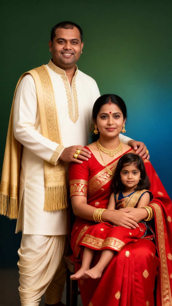 A family of three taking photos in a studio image