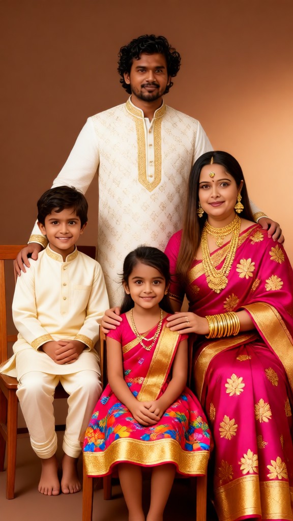 A family of four taking photos in a studio image