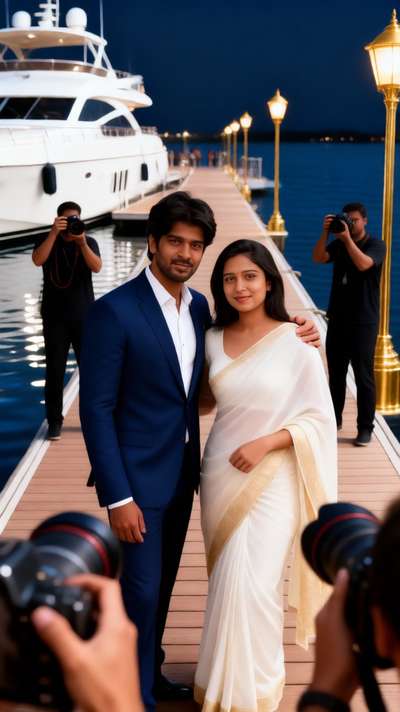 A couple is photographed in front of a luxury cruise ship image