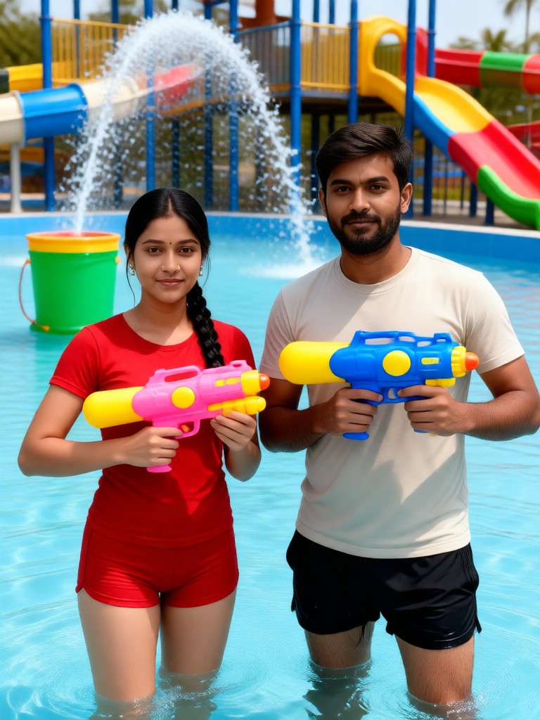 Couples playing with water guns together image