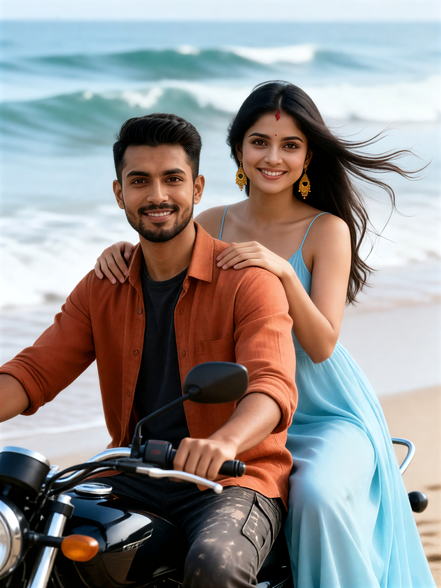 A couple riding motorcycles by the sea image