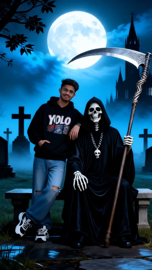 Taking a photo with the Grim Reaper image