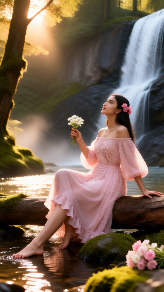 Beautiful girl by the waterfall image