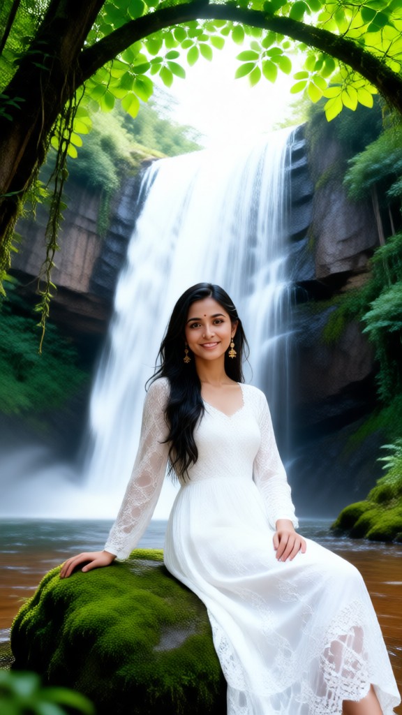 Girl in white dress by the waterfall image
