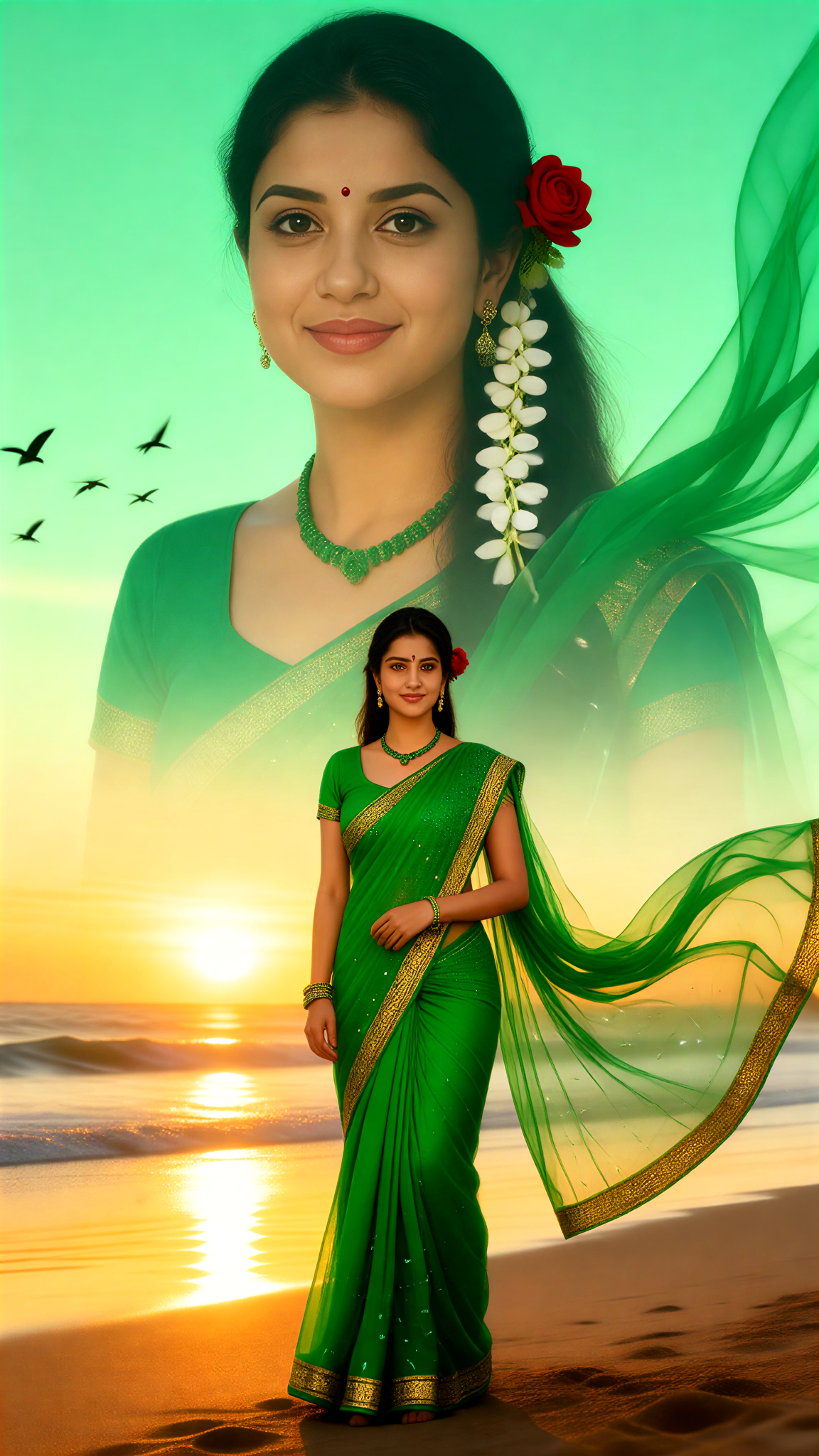Green Saree & Sunset Shore image