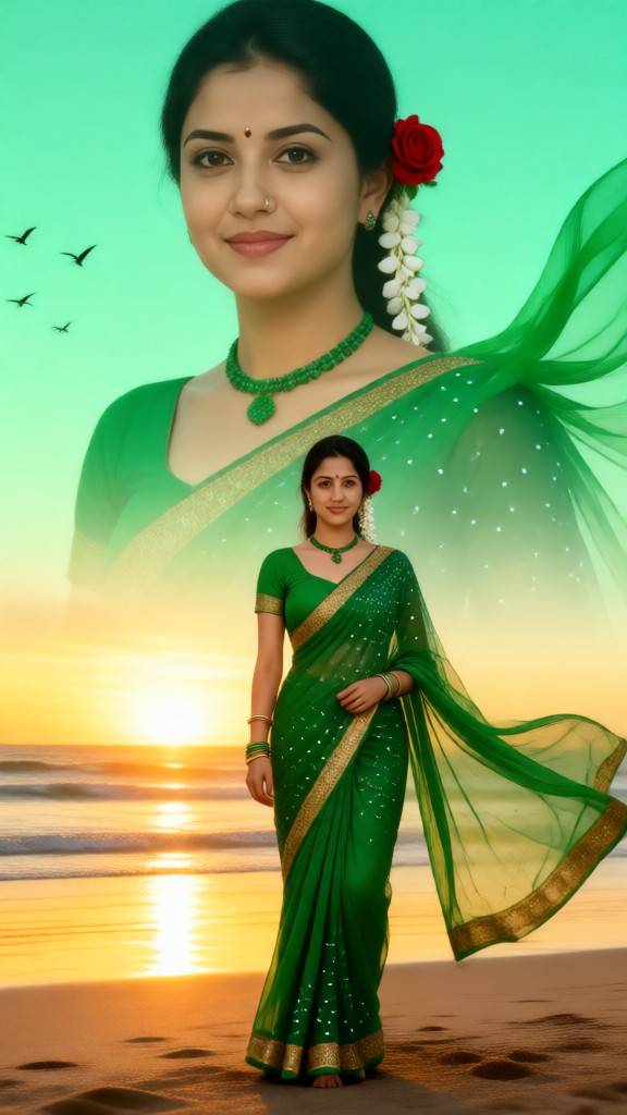 Green Saree & Sunset Shore image