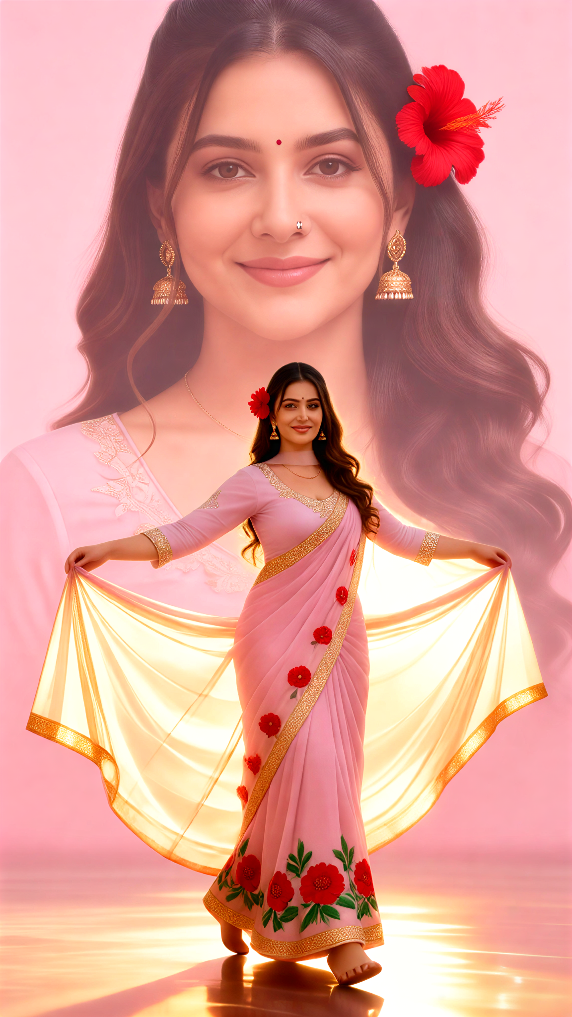 Pink Saree & Hibiscus Glow image