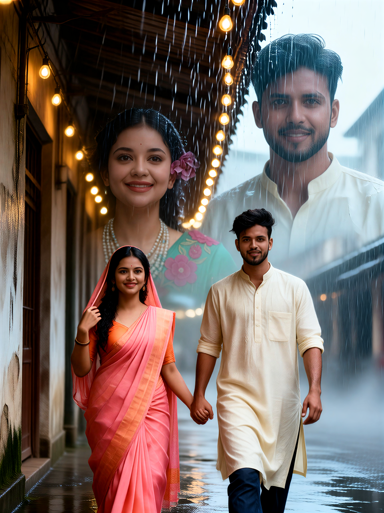 Saree Double Exposure Rain Couple image