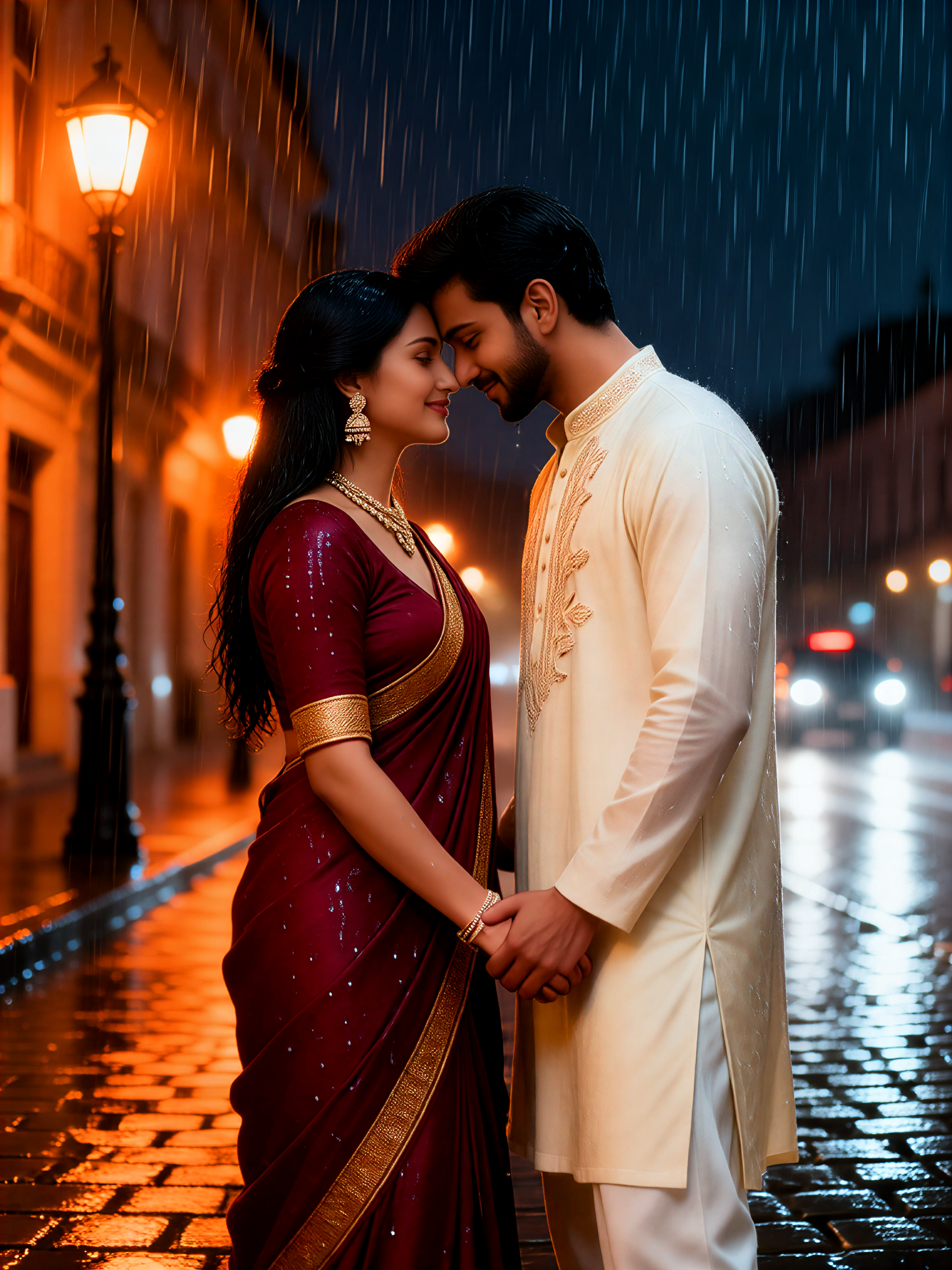 Holding hands and touching foreheads on a rainy night image