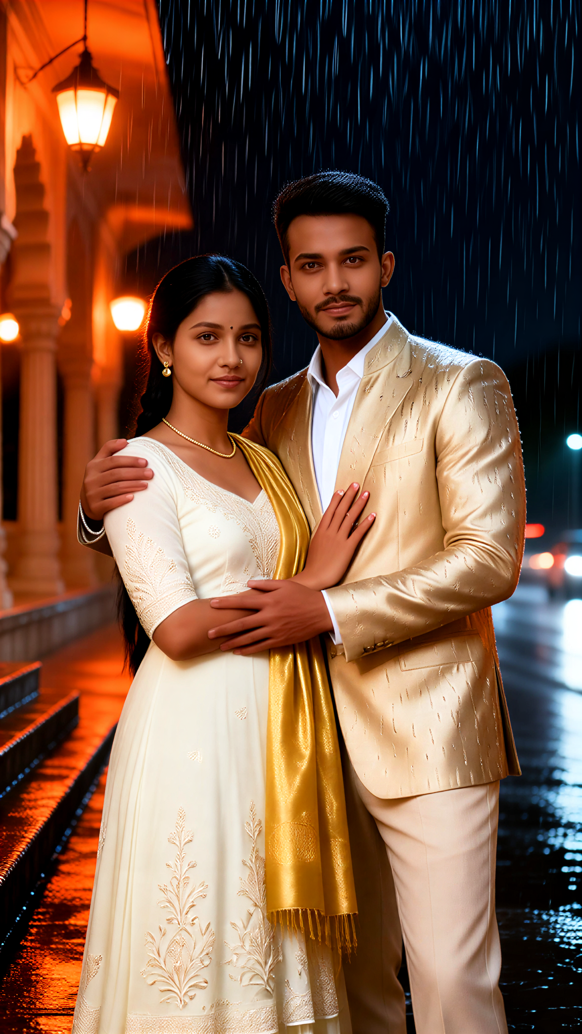 Lean close while holding shoulders in the rain image