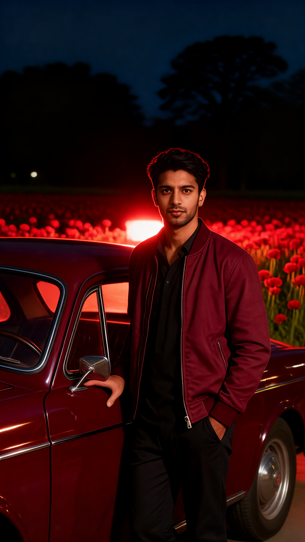 Red car lights, backlit man image