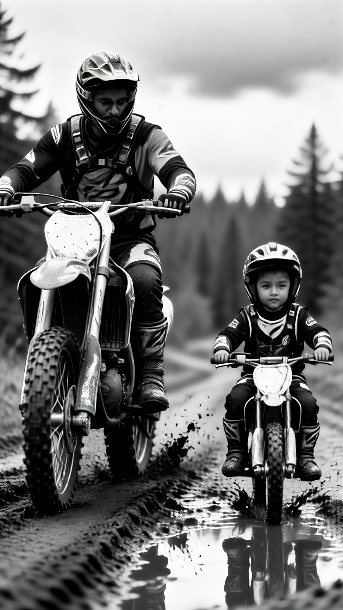 Father and Son on a Black-and-White Dirt Bike image