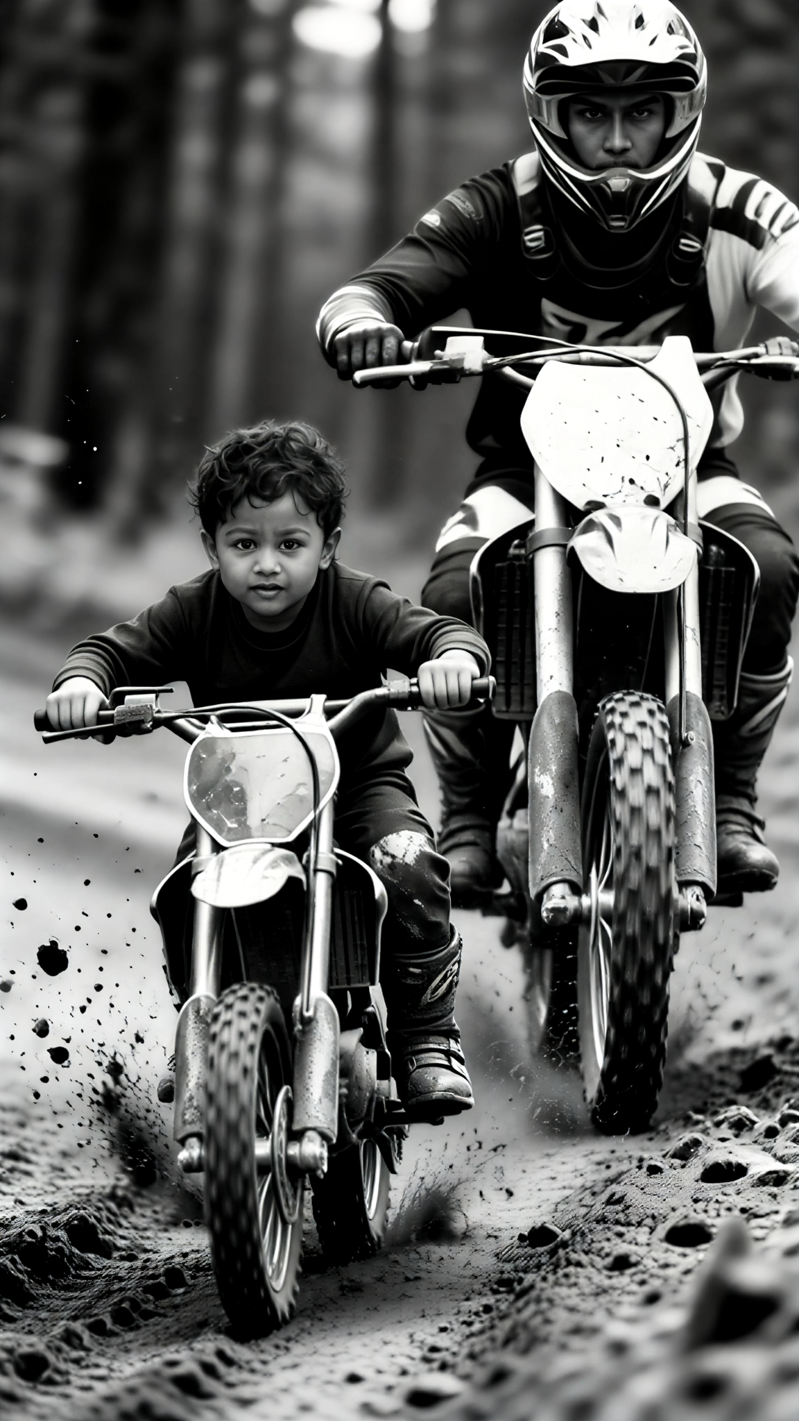 Father and Son on a Black-and-White Dirt Bike image