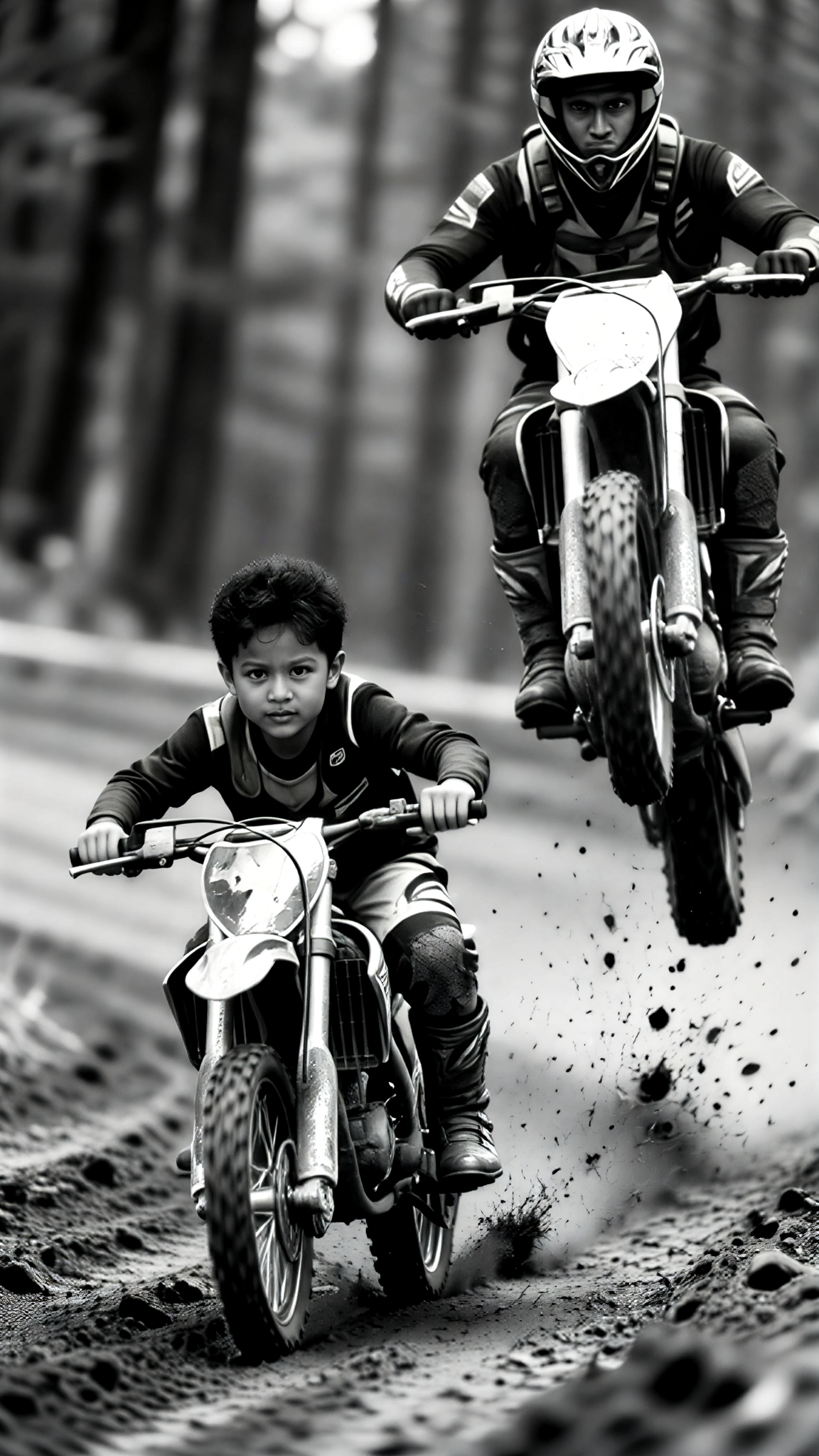 Father and Son on a Black-and-White Dirt Bike image