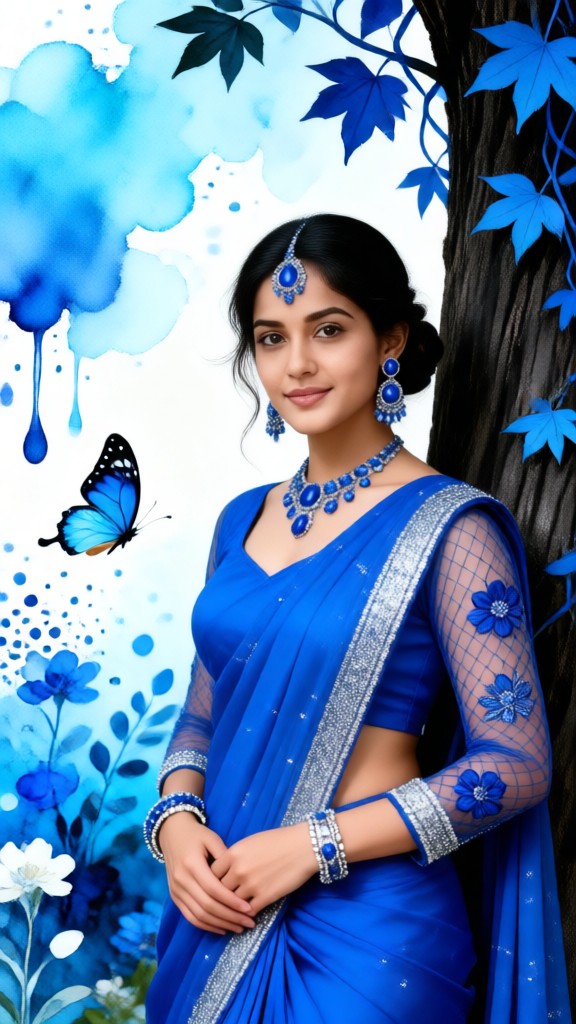 Butterfly blue watercolor sari image
