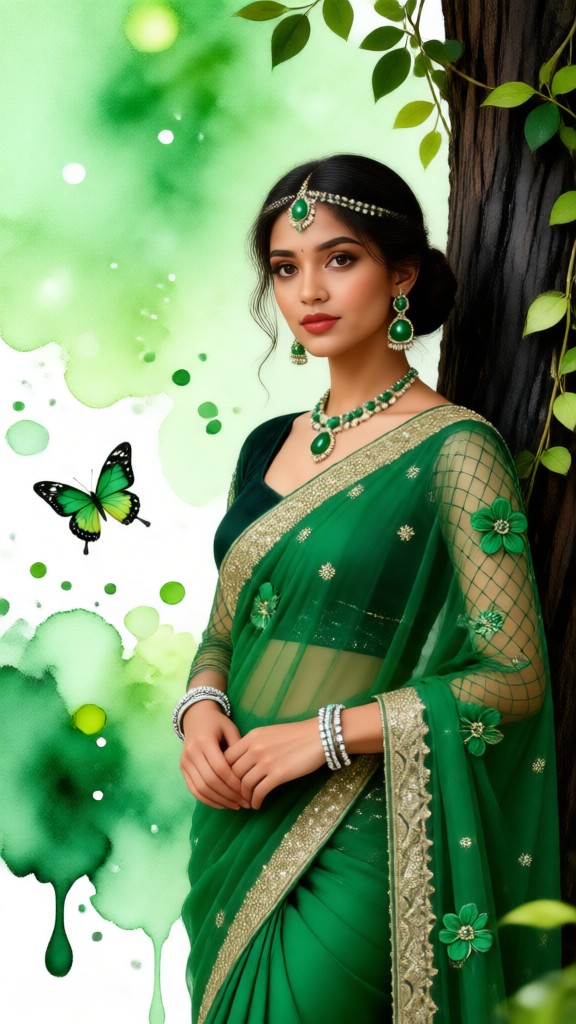 Butterfly green watercolor sari image