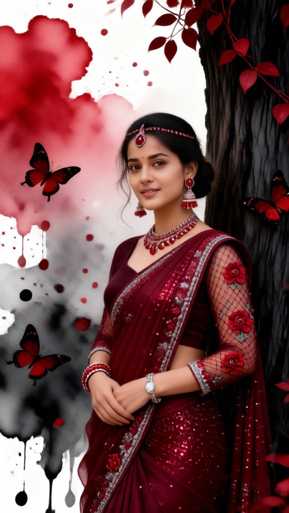 Butterfly red watercolor sari image
