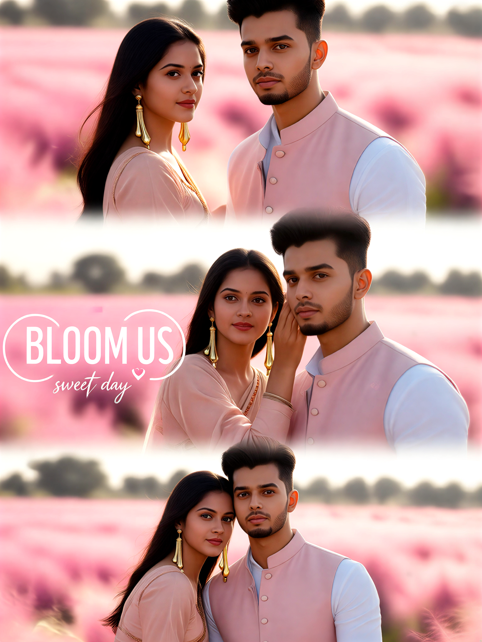 Romantic Pink Flower Field Triptych Puzzle image