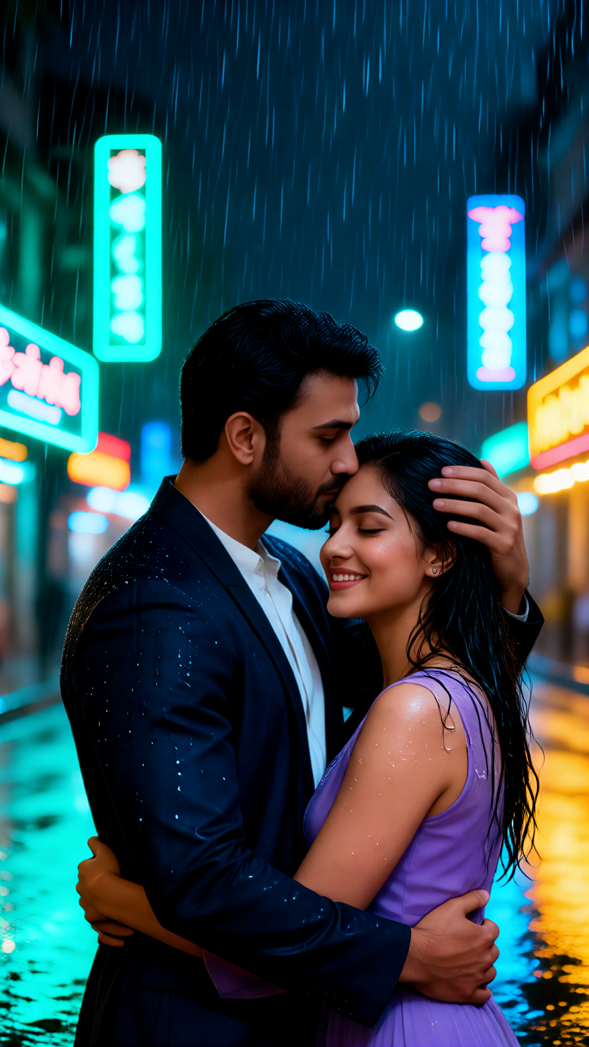 Kissing on the forehead in the rain image