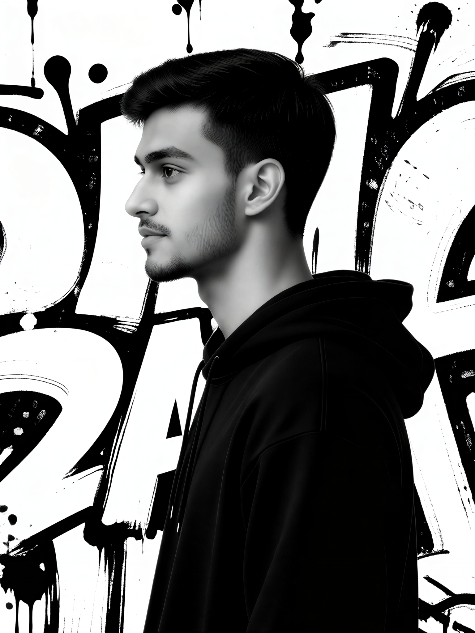 Black and white art poster with male head image