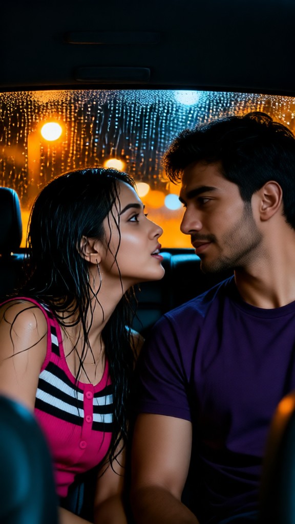 Kissing in the car on a rainy night image