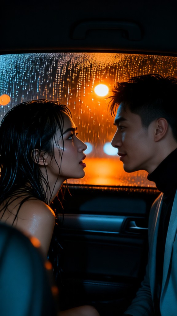 Kissing in the car on a rainy night-v image