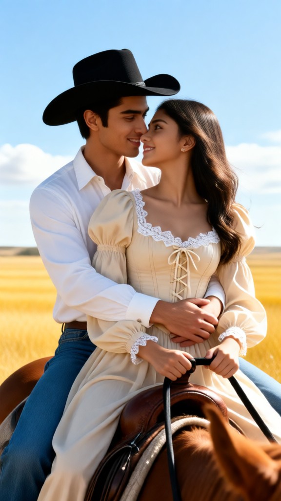 Couple Kissing on Horseback image