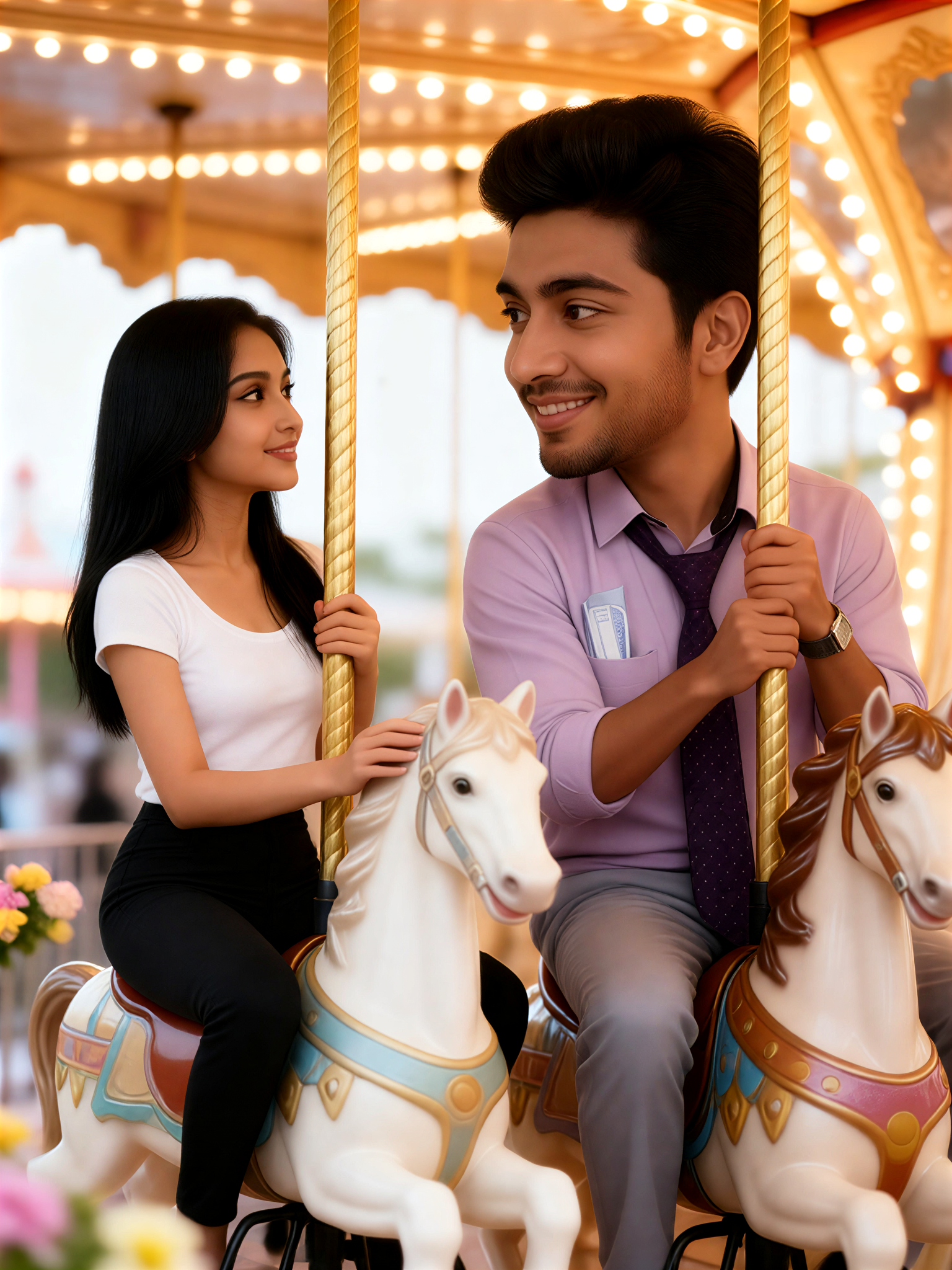 A couple looking into each other's eyes on a cute carousel image