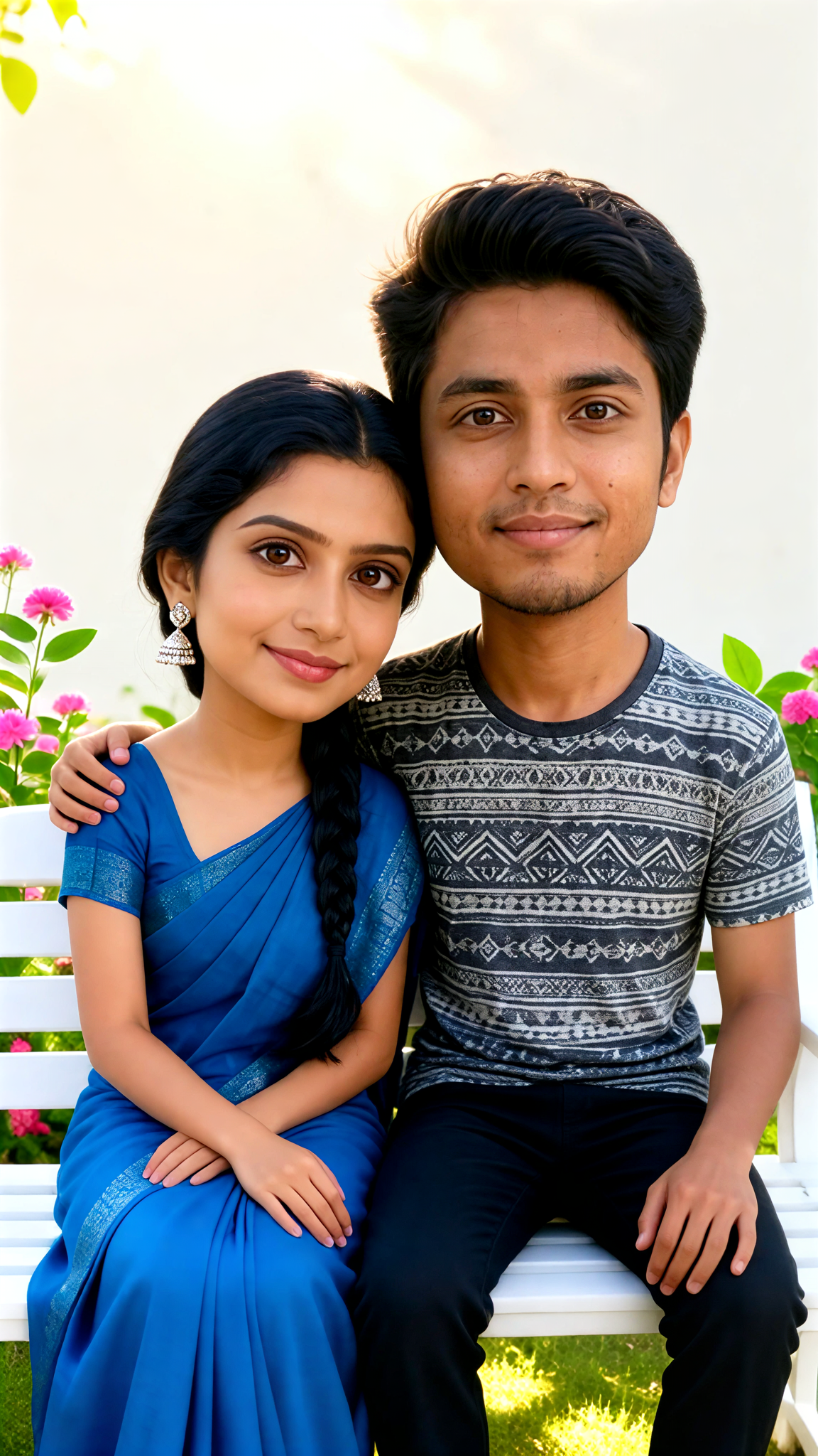 Garden bench loving couple image