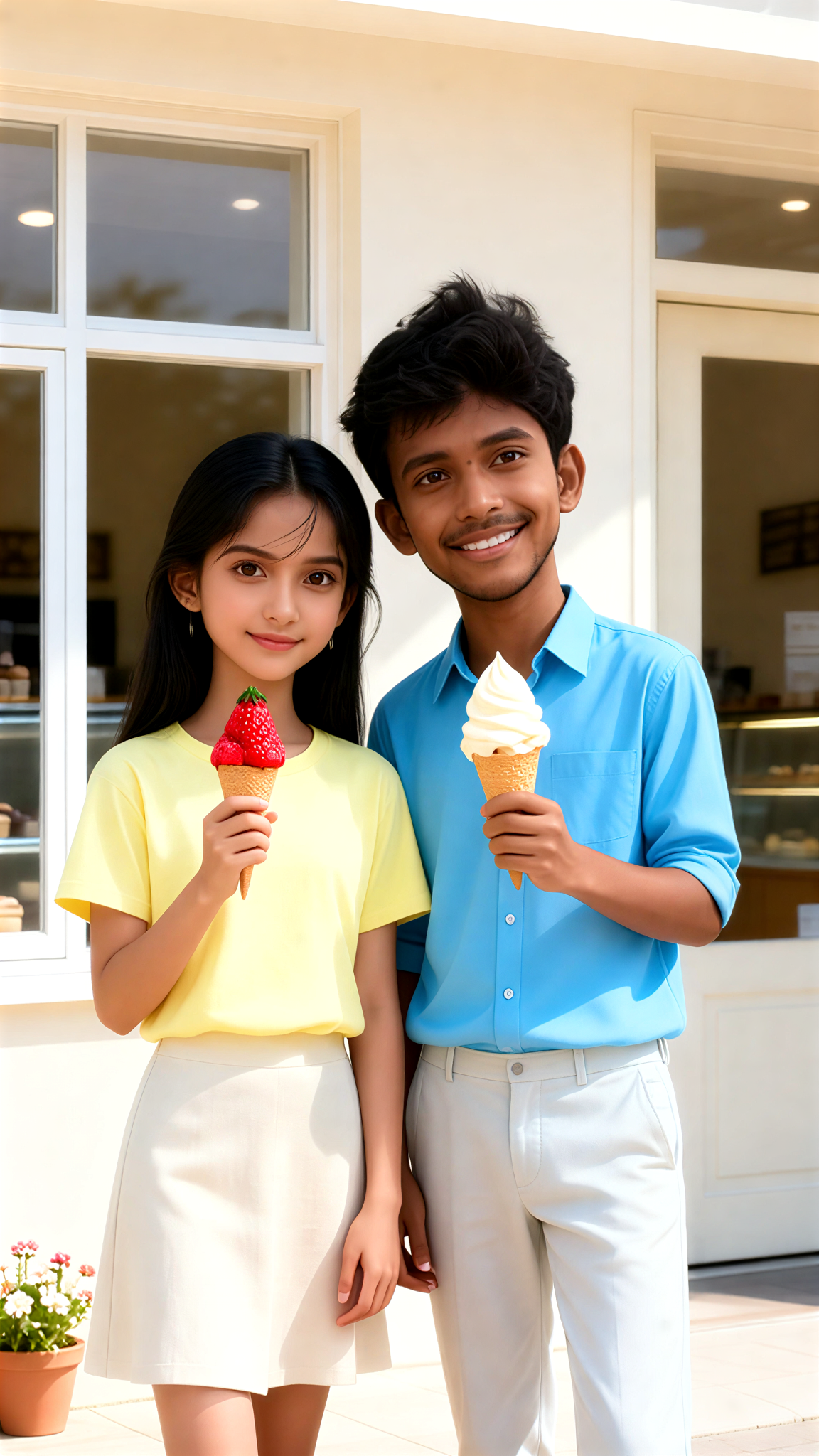 Photo of a couple's big headshots in a dessert shop image
