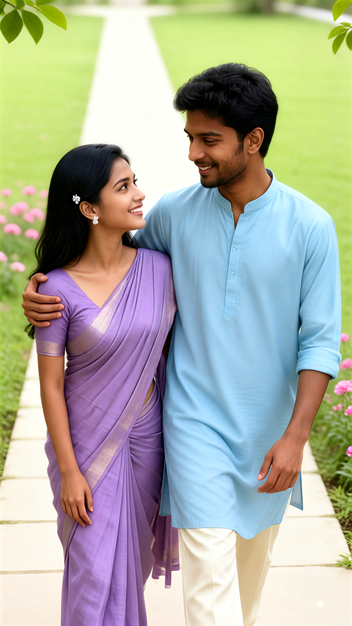 Big-headed couple taking a walk image