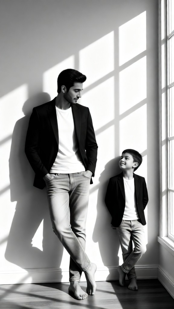 Monochrome father-son wallpaper image