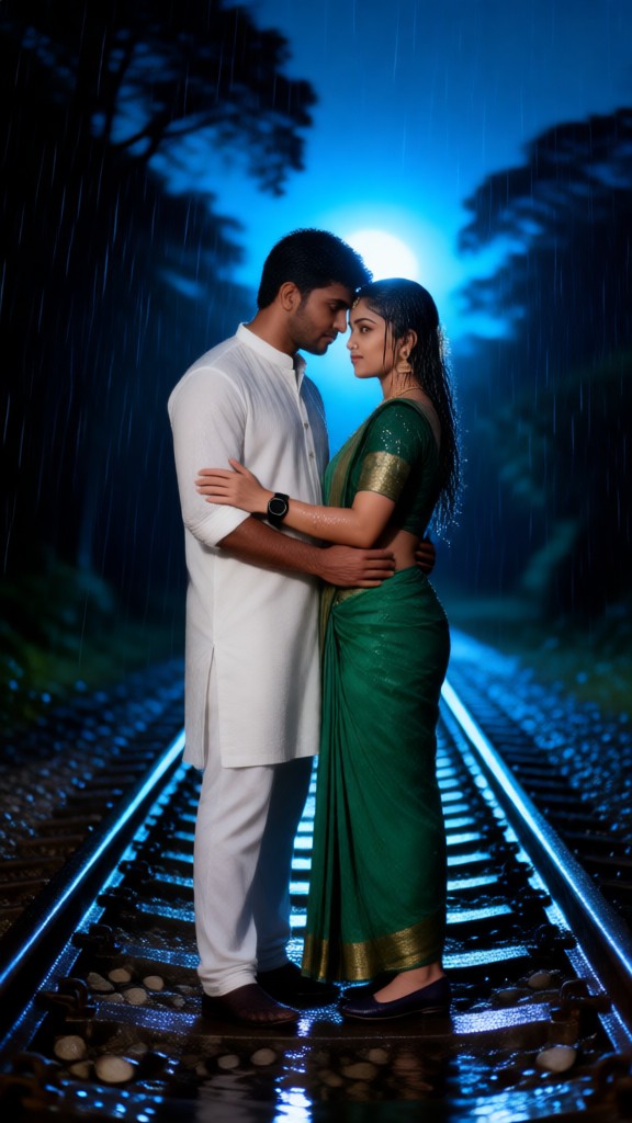 Romantic Couple on Rainy Night Train image