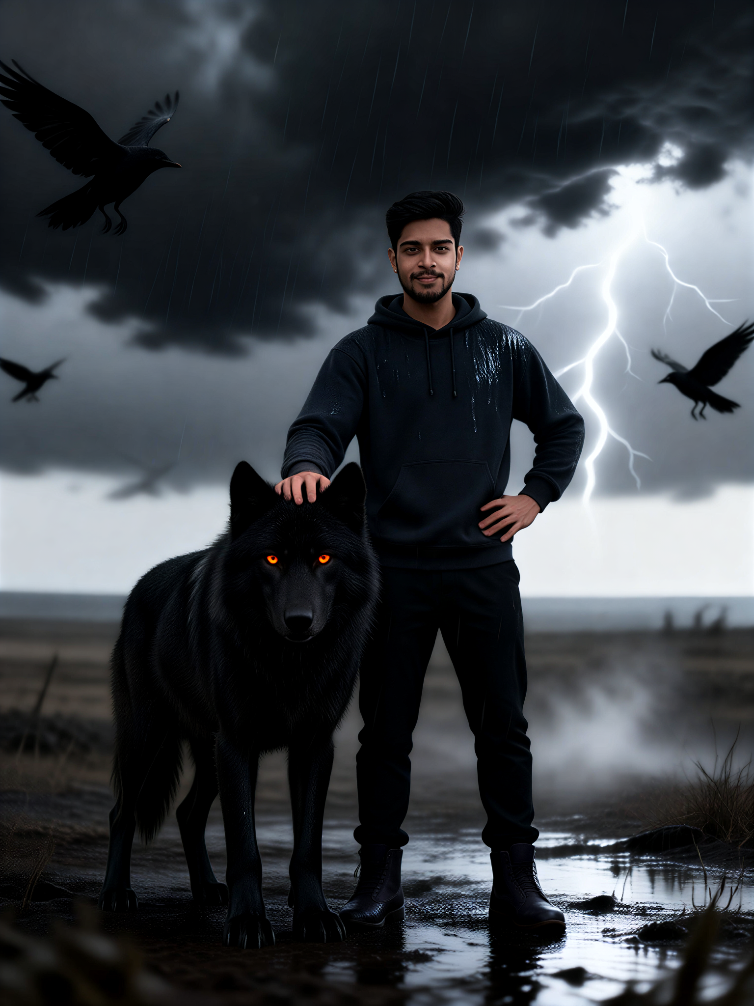 A high-quality film with the texture of a rainy night and a black wolf image