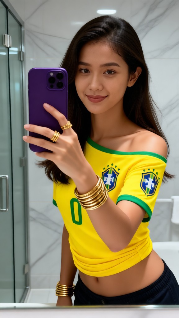 Off-shoulder Football Outfit Mirror Selfie image