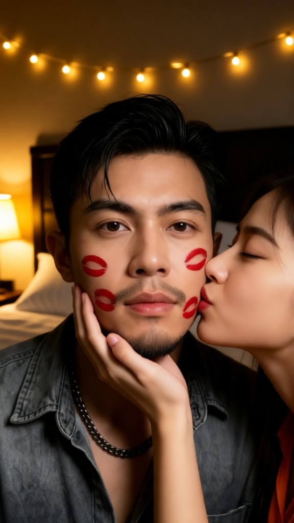 Lipstick print on cheeks image