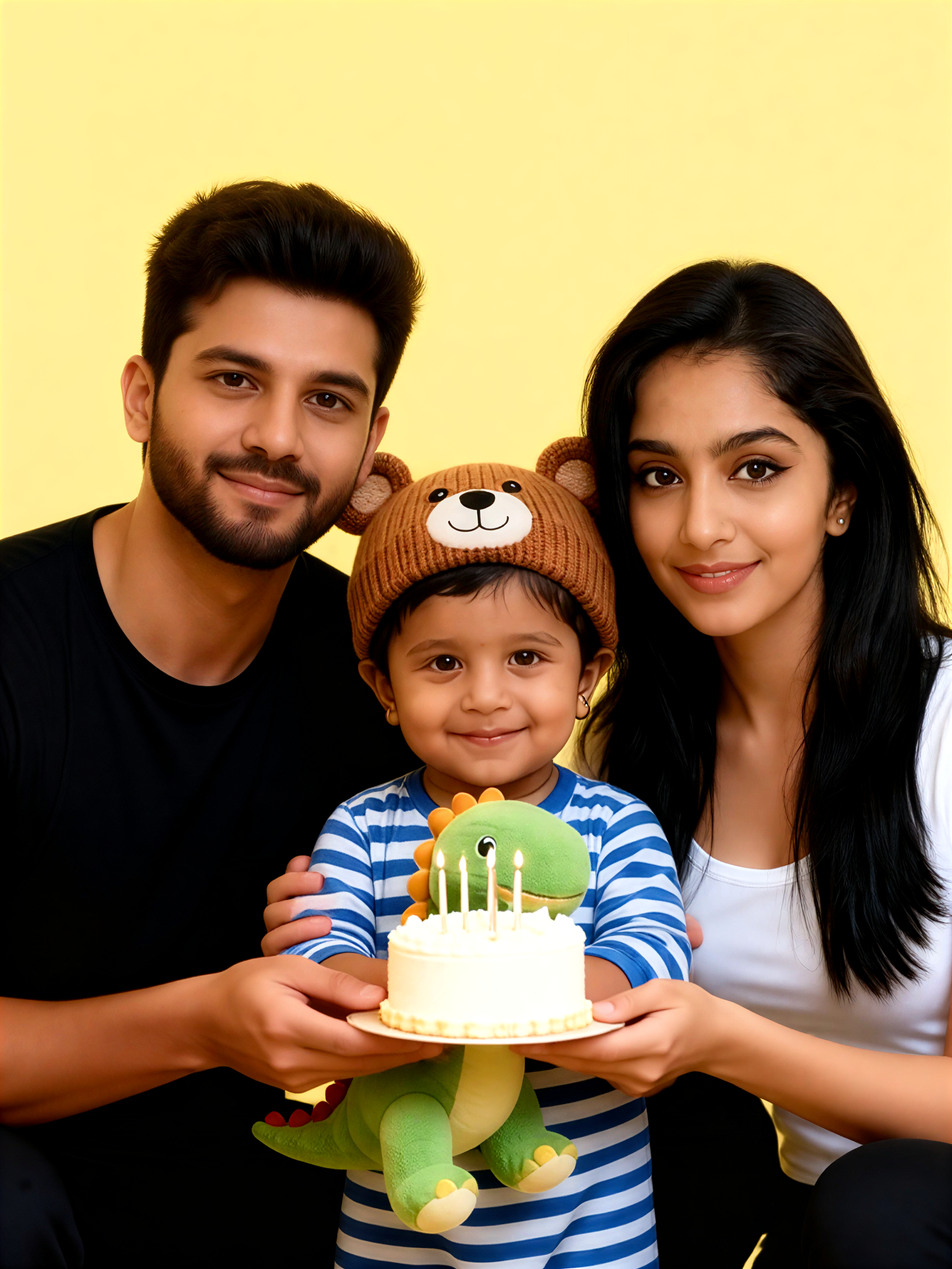 A family of three poses for a birthday celebration photo image